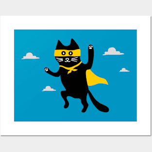 cat superhero is flying in the sky Posters and Art